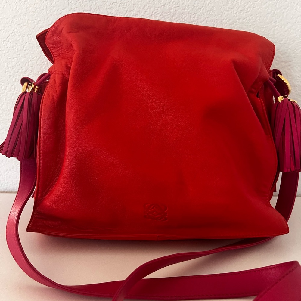 Loewe Red Leather Shoulder Bag with Pink Tassels